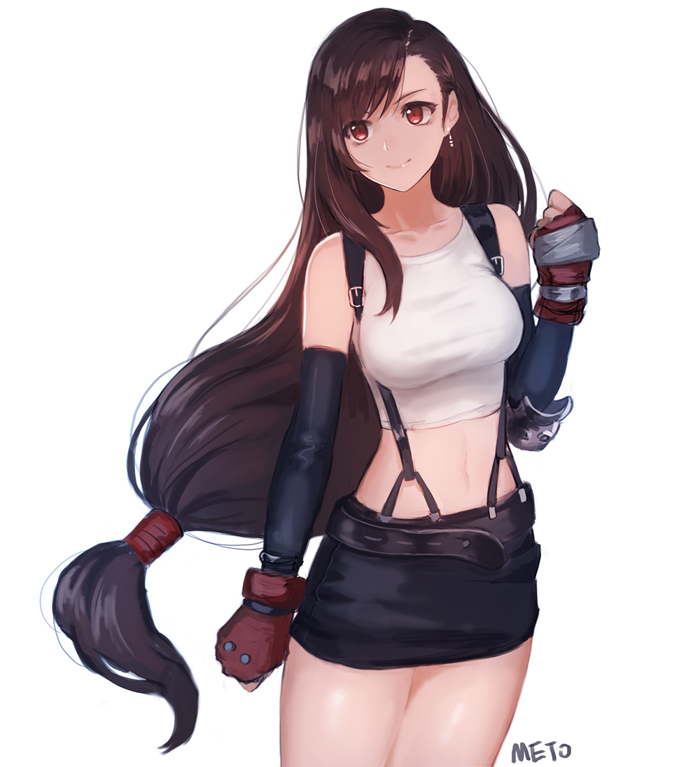 1girl, artist_name, breasts, brown_hair, clenched_hands, earrings, elbow_gloves, final_fantasy, final_fantasy_vii, fingerless_gloves, gloves, jewelry, long_hair, low-tied_long_hair, meto31, midriff, navel, pads, pencil_skirt, red_eyes, simple_background, skirt, smile, solo, suspenders, tifa_lockhart, very_long_hair, white_background
