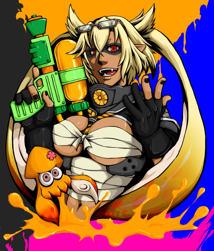 1girl, :d, blonde_hair, breasts, budget_sarashi, dark_skin, fangs, flower, hair_flaps, hair_flower, hair_ornament, highres, inkling, kantai_collection, large_breasts, multicolored_background, musashi_(kantai_collection), navel, open_mouth, pointy_ears, red_eyes, sarashi, short_hair, signature, smile, splatoon, squid, super_soaker, take_(takemikazuchi), tentacle_hair, twintails, two_side_up, upper_body, water_gun, yugake