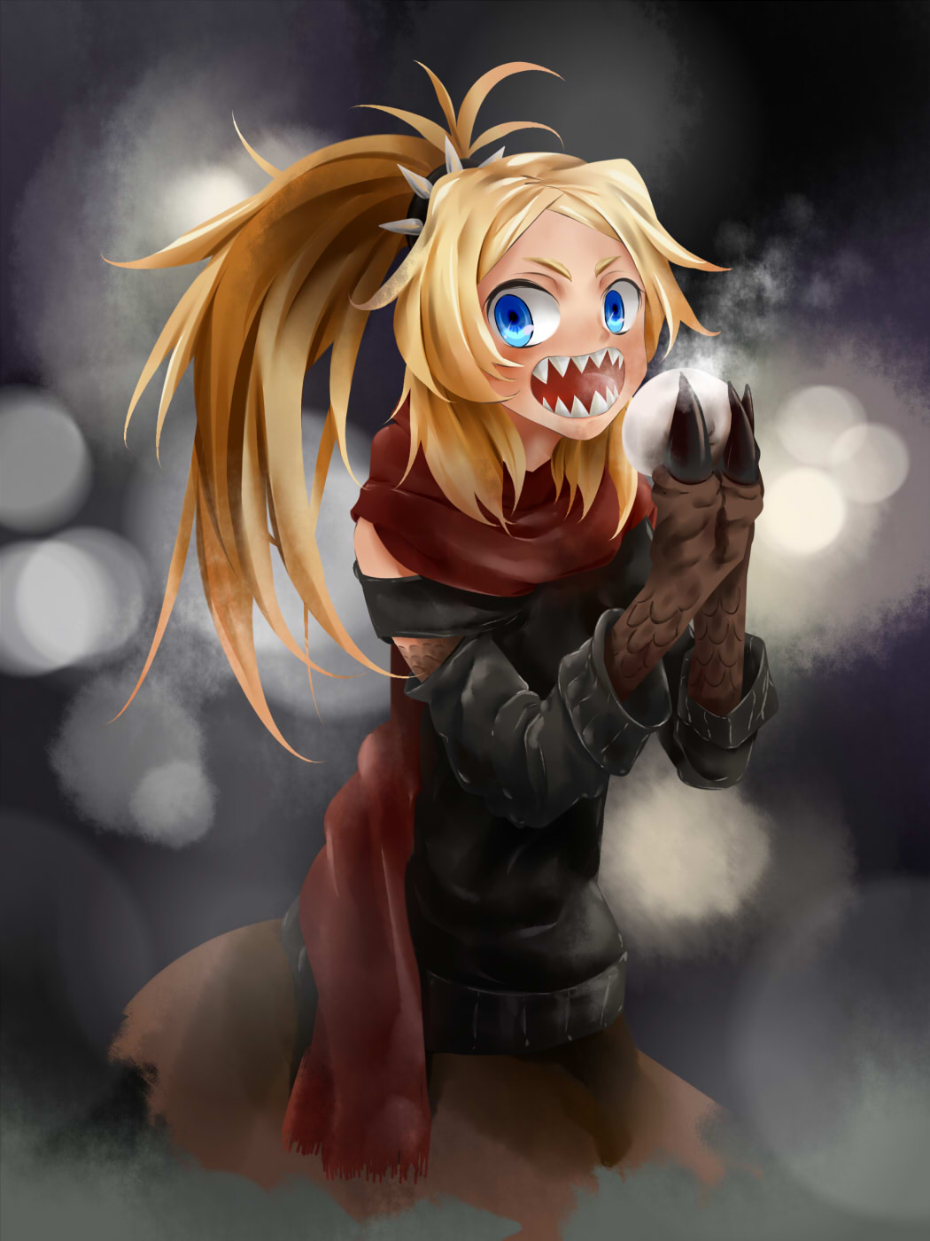 1girl, blonde_hair, blue_eyes, churio, claws, cowboy_shot, dinosaur_girl, food