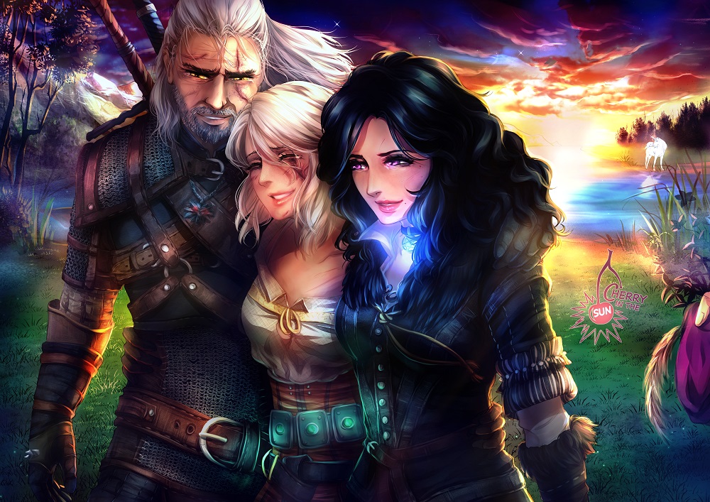 1boy, 2girls, black_hair, cherryinthesun, choker, ciri, closed_eyes, geralt_of_rivia, long_hair, multiple_girls, scar, silver_hair, sword, the_witcher_3, violet_eyes, wavy_hair, weapon, white_hair, yellow_eyes, yennefer