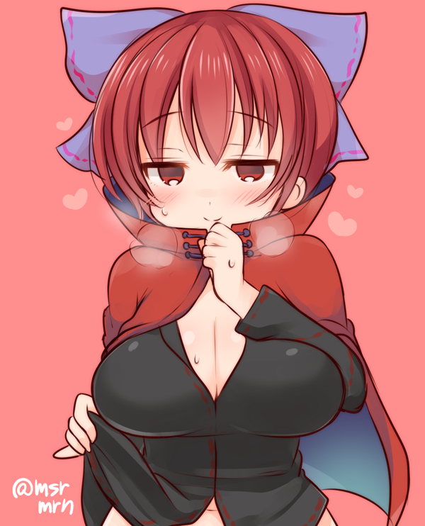 1girl, blush, breasts, breath, cape, cleavage, hair_ornament, hair_ribbon, large_breasts, long_sleeves, looking_at_viewer, marshmallow_mille, navel, red_background, red_eyes, redhead, ribbon, sekibanki, shirt_lift, short_hair, simple_background, smile, solo, sweat, touhou, twitter_username, upper_body