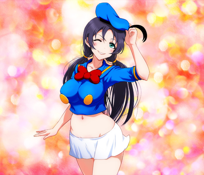 1girl, breasts, cosplay, disney, donald_duck, donald_duck_(cosplay), gaku_(wheel_of_lunokhod), green_eyes