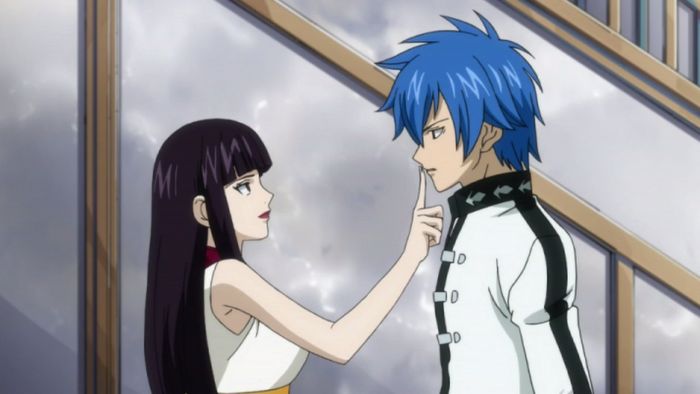 1boy, 1girl, bangs, black_hair, blue_hair, fairy_tail, hands, happy, jellal_fernandes, red_lips, screenshots, size_difference, smile, ultear_milkovich