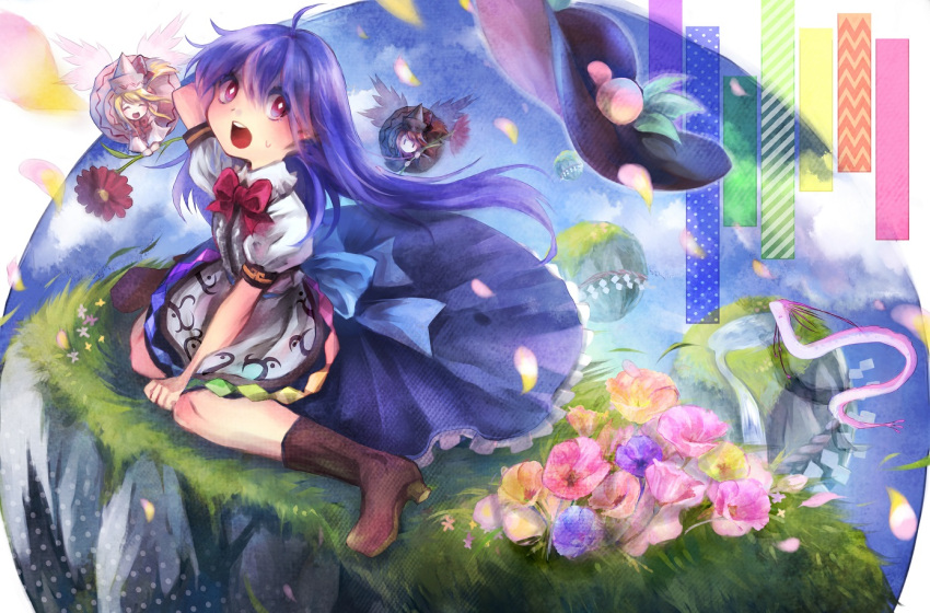3girls, blonde_hair, blue_hair, bow, closed_eyes, dual_persona, flower, food