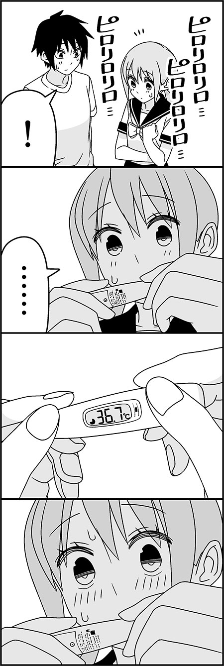 1boy, 1girl, 4koma, blush, comic, highres, monochrome, original