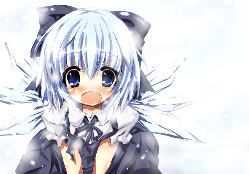 bad_id, blue_eyes, blue_hair, blush, bow, cirno, hair_bow, ice, open_mouth, ribbon, satou_kuroon, short_hair, solo, touhou, wings