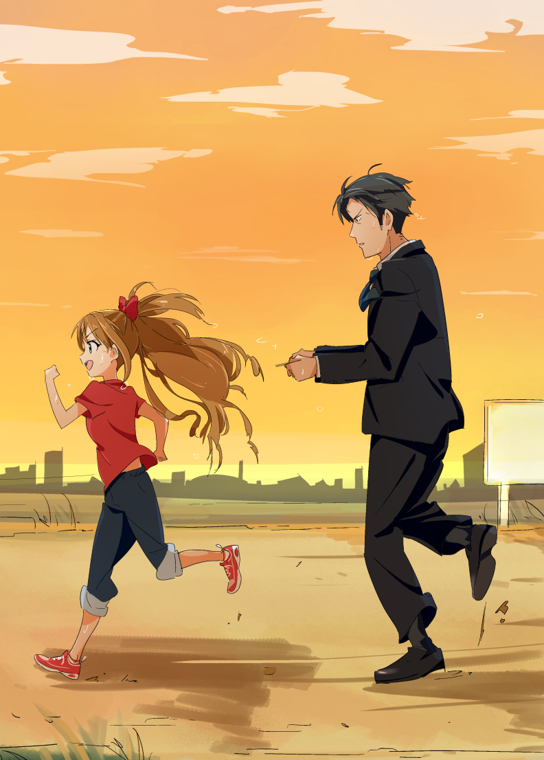 1boy, 1girl, black_jacket, black_pants, bow, brown_hair, business_card, chasing, chikku_(k2753), flying_sweatdrops, formal, from_side, green_eyes, hair_bow, height_difference, hino_akane_(idolmaster), idolmaster, idolmaster_cinderella_girls, jacket, long_hair, long_sleeves, necktie, open_mouth, outdoors, pants, pants_rolled_up, producer_(idolmaster_cinderella_girls_anime), profile, running, shoes, short_sleeves, sky, skyline, smile, sneakers, suit, sweat, sweating, t-shirt