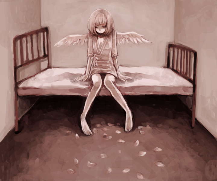 1girl, angel_wings, bed, clona, closed_eyes, commentary_request, feathered_wings, knees_together_feet_apart