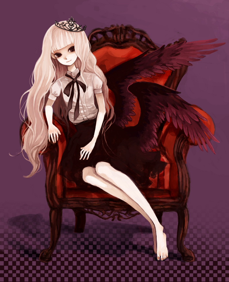 1girl, armchair, bare_legs, barefoot, blonde_hair, chair, checkered, checkered_background