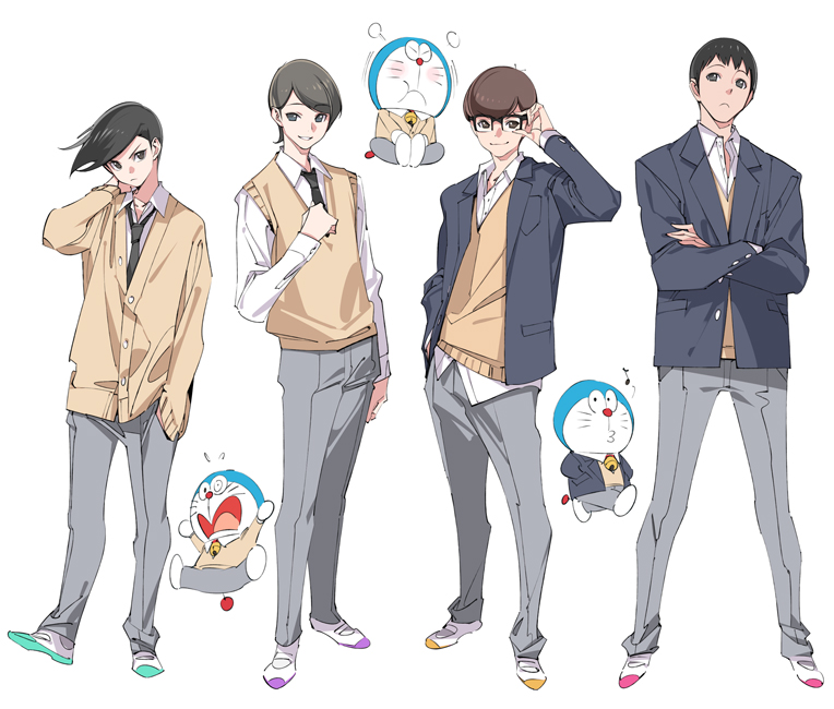 4boys, black_hair, brown_hair, dekisugi_hidetoshi, doraemon, doraemon_(character), glasses, gouda_takeshi
