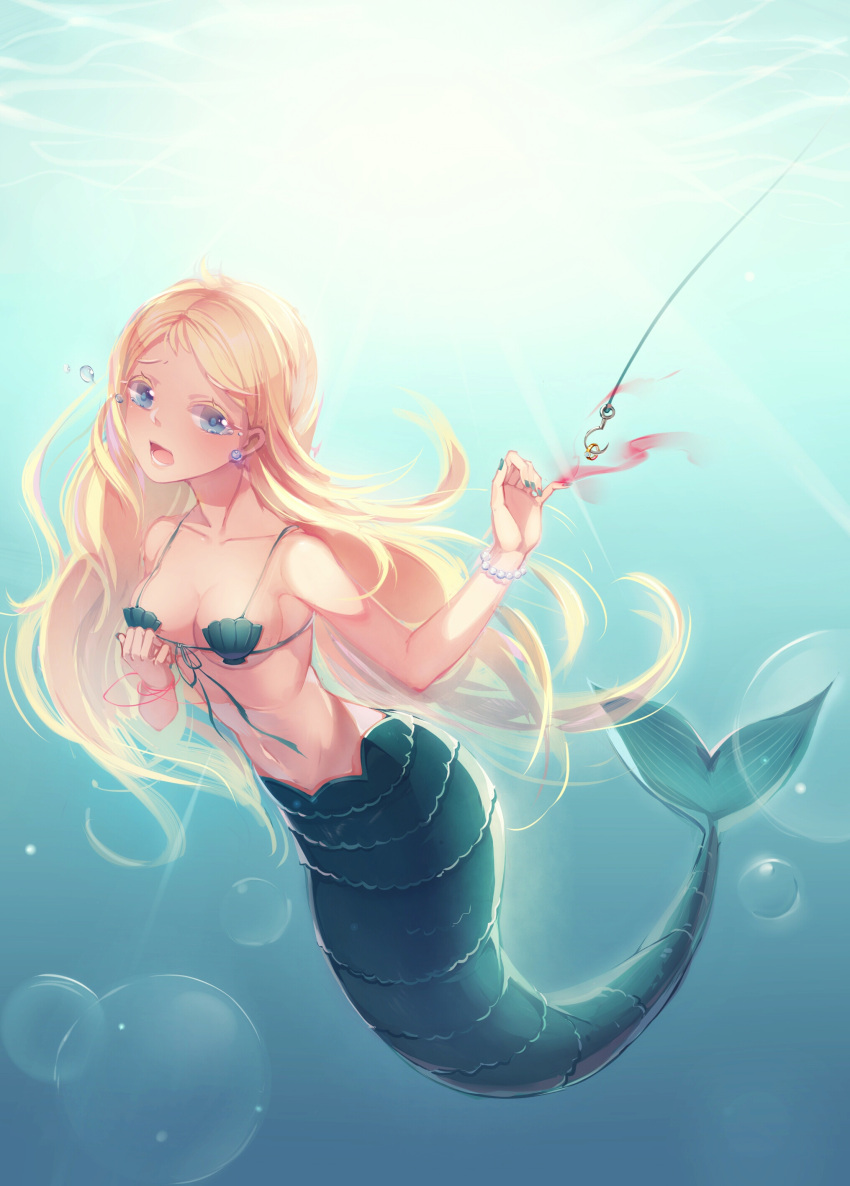 1girl, absurdres, artist_request, blonde_hair, blood, blue_eyes, breasts, cleavage, commentary_request, earrings, fishing_hook, fishing_line, highres, jewelry, mermaid, monster_girl, navel, ring, shell, shell_bikini, small_breasts, solo, sunlight, underwater