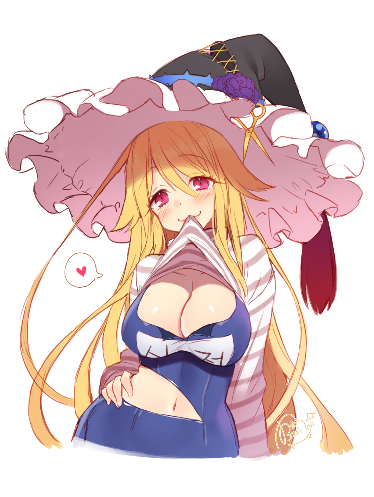 1girl, blonde_hair, blush, breasts, byulzzimon, cleavage, hat, heart