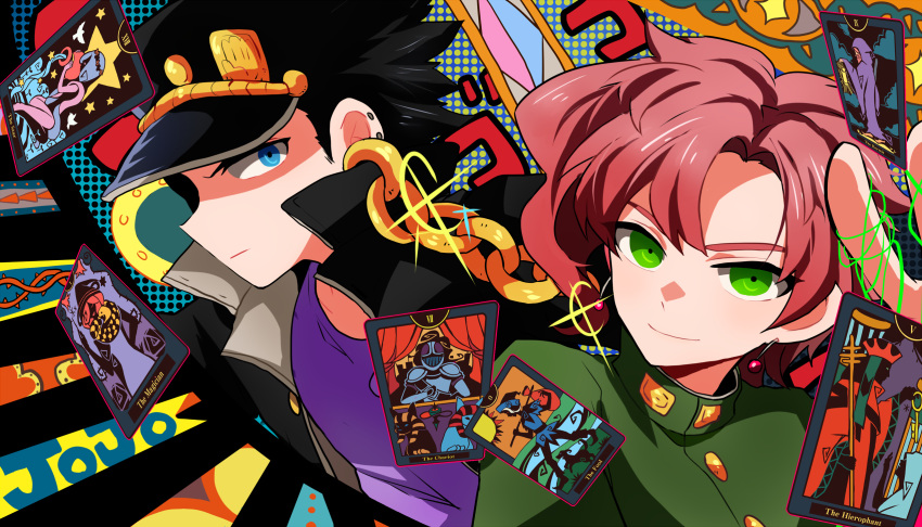 black_hair, blue_eyes, card, chain, earrings, gakuran, green_eyes, hat