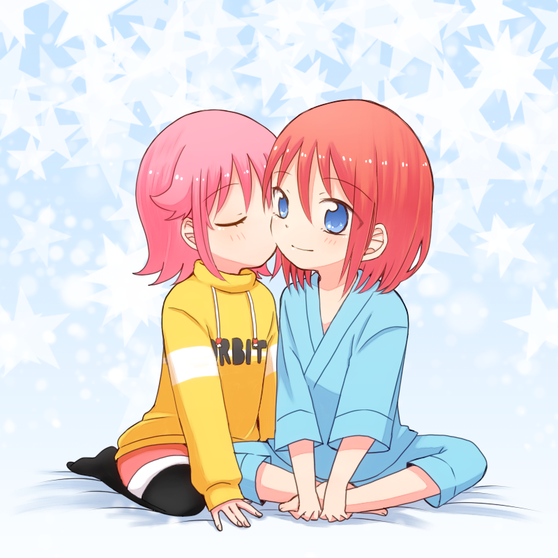 1boy, 1girl, blue_eyes, cheek_kiss, child, hospital_gown, houkago_no_pleiades, kiss