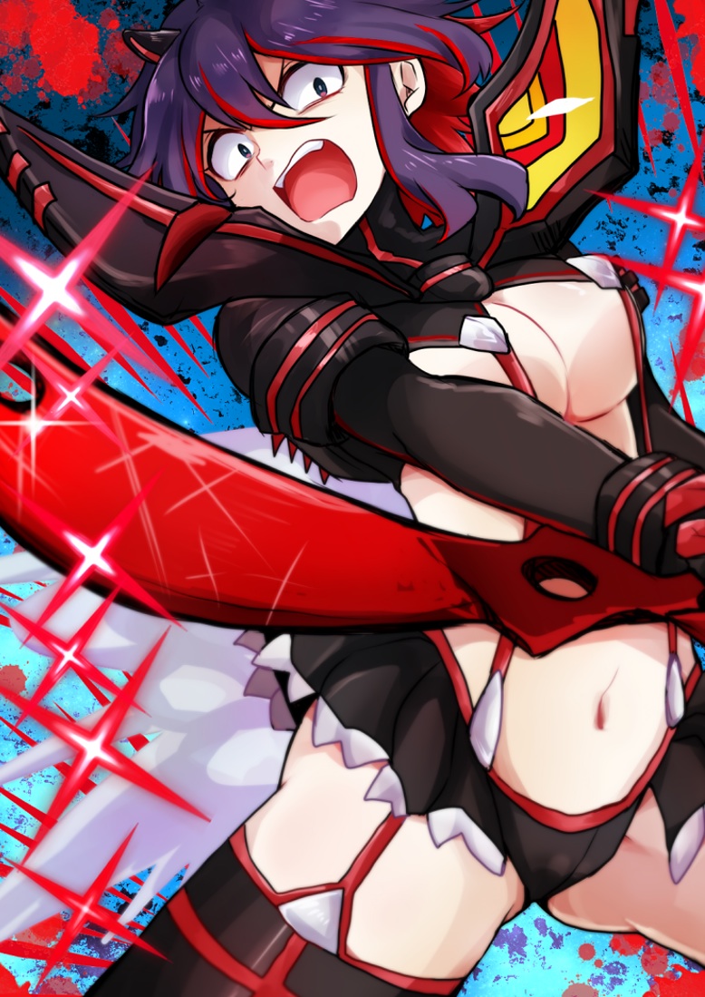 breasts, kawati, kill_la_kill, living_clothes, matoi_ryuuko, matoi_ryuuko_(senketsu_kamui), midriff, multicolored_hair, navel, purple_hair, redhead, revealing_clothes, scissor_blade, senketsu, short_hair, skirt, sparkle, splatter, suspenders, thigh-highs, two-tone_hair, under_boob