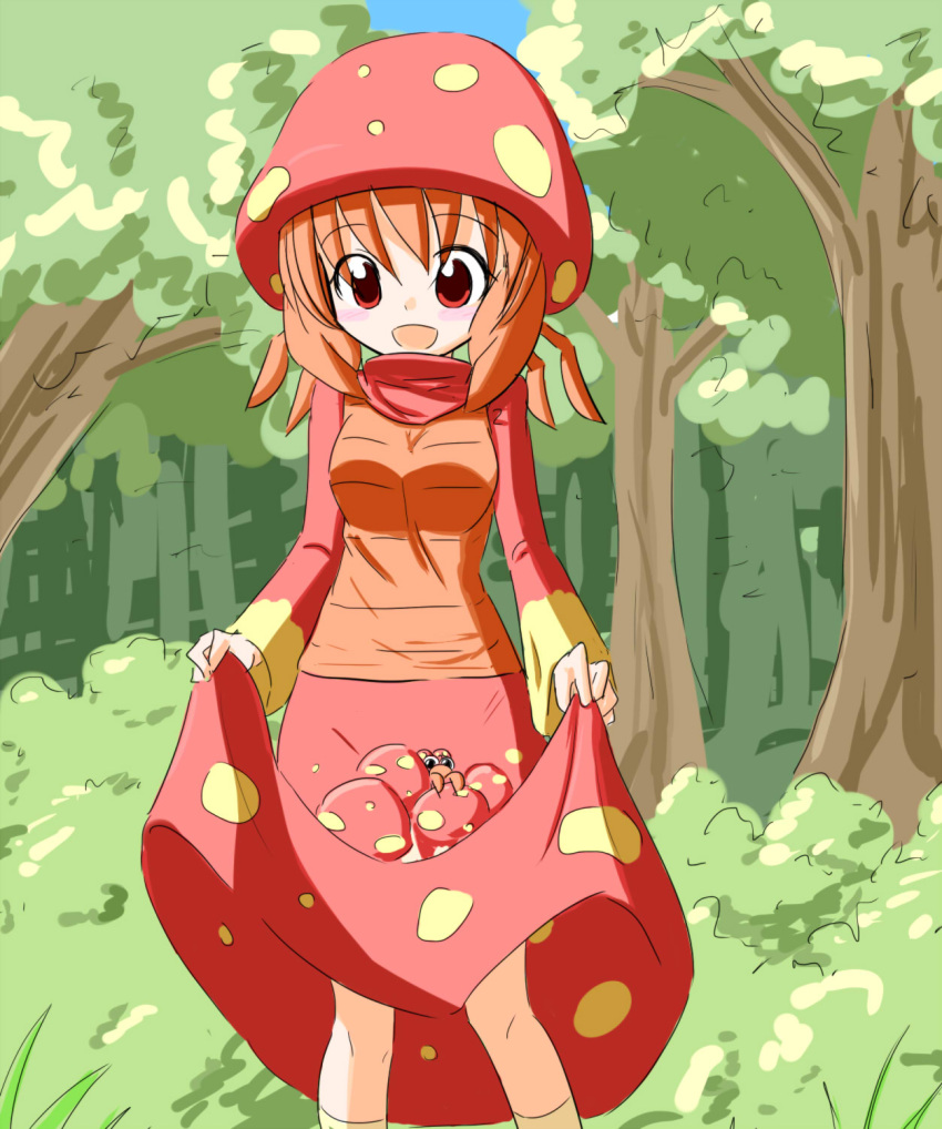 1girl, forest, hat, highres, mushroom, nature, open_mouth, orange_hair, paras, personification, pokemon, red_clothes, red_eyes, skirt, skirt_lift, solo, sws