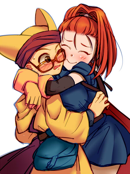 1boy, 1girl, barbara, blush, brown_eyes, cape, chamoro, closed_eyes, dragon_quest, dragon_quest_vi, dress, elbow_gloves, embarrassed, glasses, gloves, haruhito_(pixiv56745), hat, high_ponytail, hug, redhead, short_dress, sweatdrop