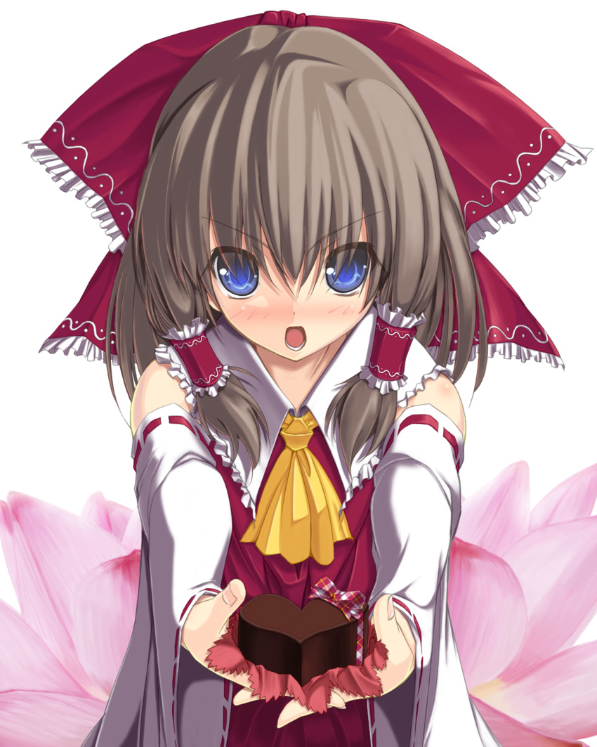 blue_eyes, blush, brown_hair, chocolate, colored, hakurei_reimu, highres, japanese_clothes