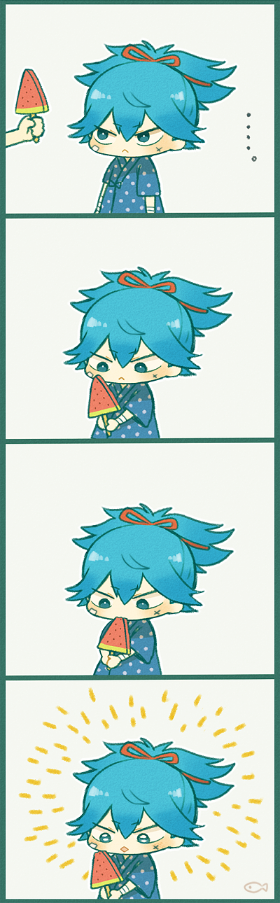 ..., 1boy, 4koma, :<, ayu_(mog), blue_hair, comic, diamond_mouth