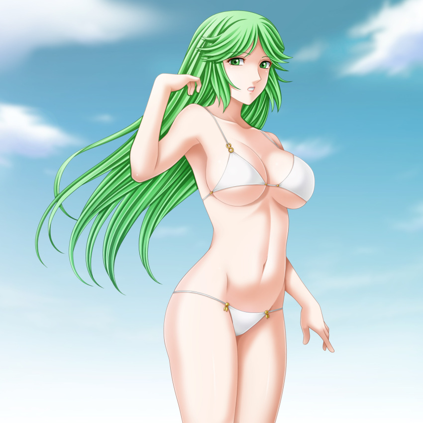 1girl, bikini, green_eyes, green_hair, highres, kid_icarus, long_hair, palutena, parted_lips, standing, swimsuit, tamamon