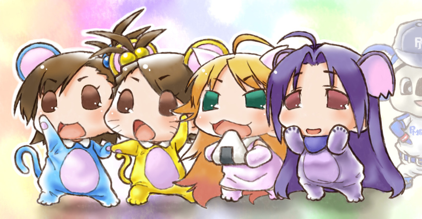 4girls, :d, afuu, blonde_hair, blue_hair, brown_eyes, brown_hair, domo_5963