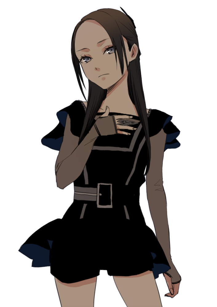 1girl, brown_hair, cowboy_shot, dress, forehead, grey_eyes, hand_on_own_chest, hijiki_(hijikini)