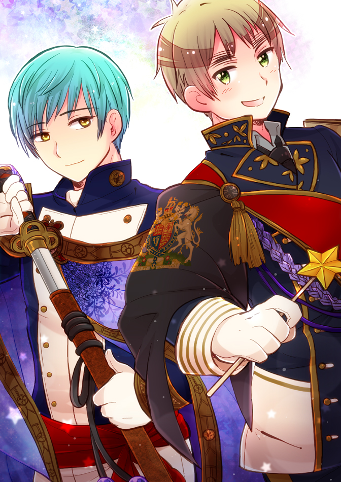 2boys, aqua_hair, axis_powers_hetalia, blonde_hair, cape, coat_of_arms, cosplay, costume_switch