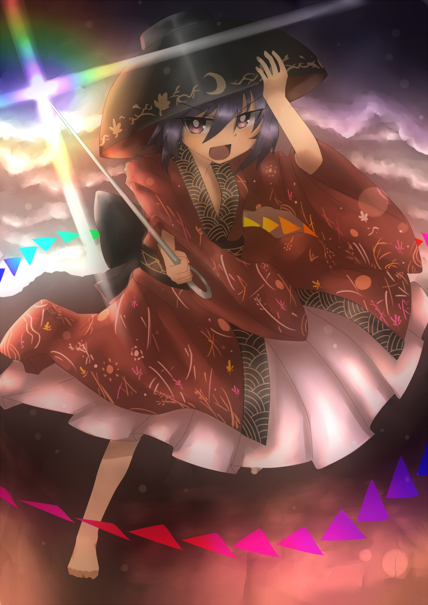 1girl, absurdres, bowl_hat, clouds, cloudy_sky, futsuu_(lowerkiller), hand_on_headwear, highres, japanese_clothes, kimono, lens_flare, long_sleeves, looking_at_viewer, mountain, needle, open_mouth, purple_hair, red_eyes, short_hair, sky, solo, standing_on_one_leg, sukuna_shinmyoumaru, sun, touhou, wide_sleeves