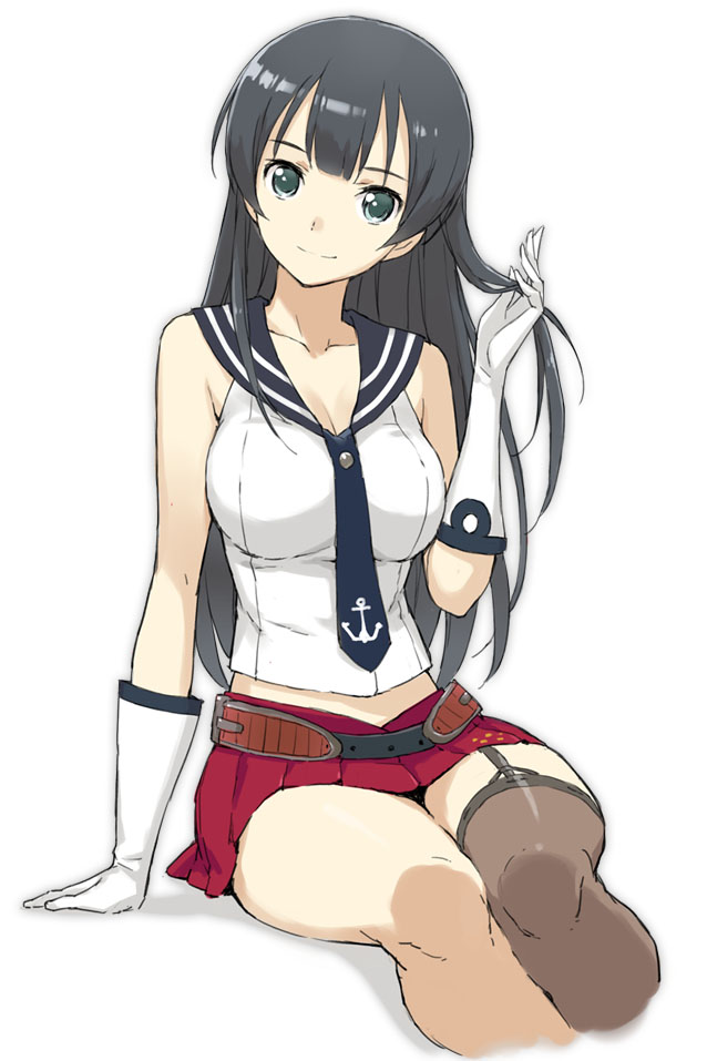 1girl, agano_(kantai_collection), black_hair, gloves, green_eyes, kantai_collection, long_hair, midriff