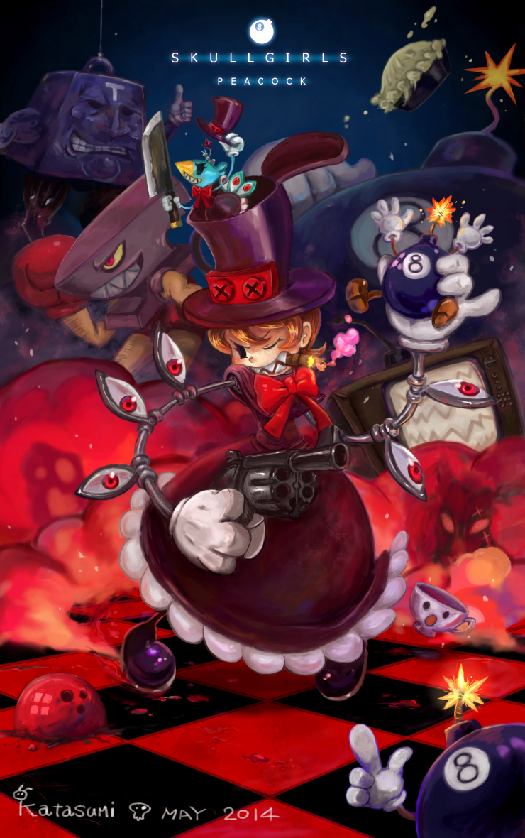 1girl, andy_anvil, avery_(skullgirls), bow, cigar, cup, dress, george_the_bomb, gloves, grin, gun, hat, lenny_the_bomb, mechanical_arms, one_eye_closed, orange_hair, peacock_(skullgirls), pie, red_eyes, revolver, sharp_teeth, short_hair, skullgirls, smile, teacup, television, tommy_ten-tons, top_hat, weapon, yoinews1023