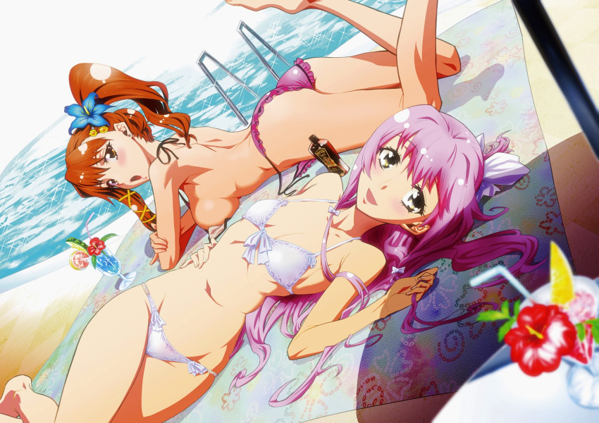 2girls, bikini, bikini_top_removed, blonde_hair, blush, breasts, brown_hair, cocktail