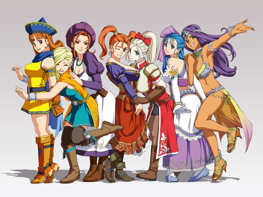 6+girls, :d, alena_(dq4), arm_hug, armlet, armor, armored_dress, bianca