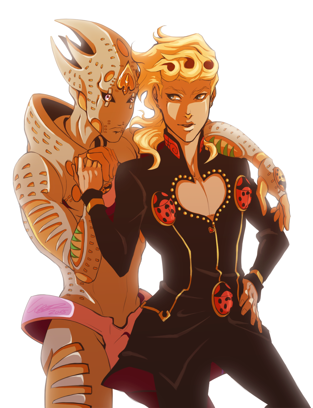 arm_around_neck, backlighting, blonde_hair, blue_eyes, dated, giorno_giovanna, gold_experience_requiem, hand_on_hip
