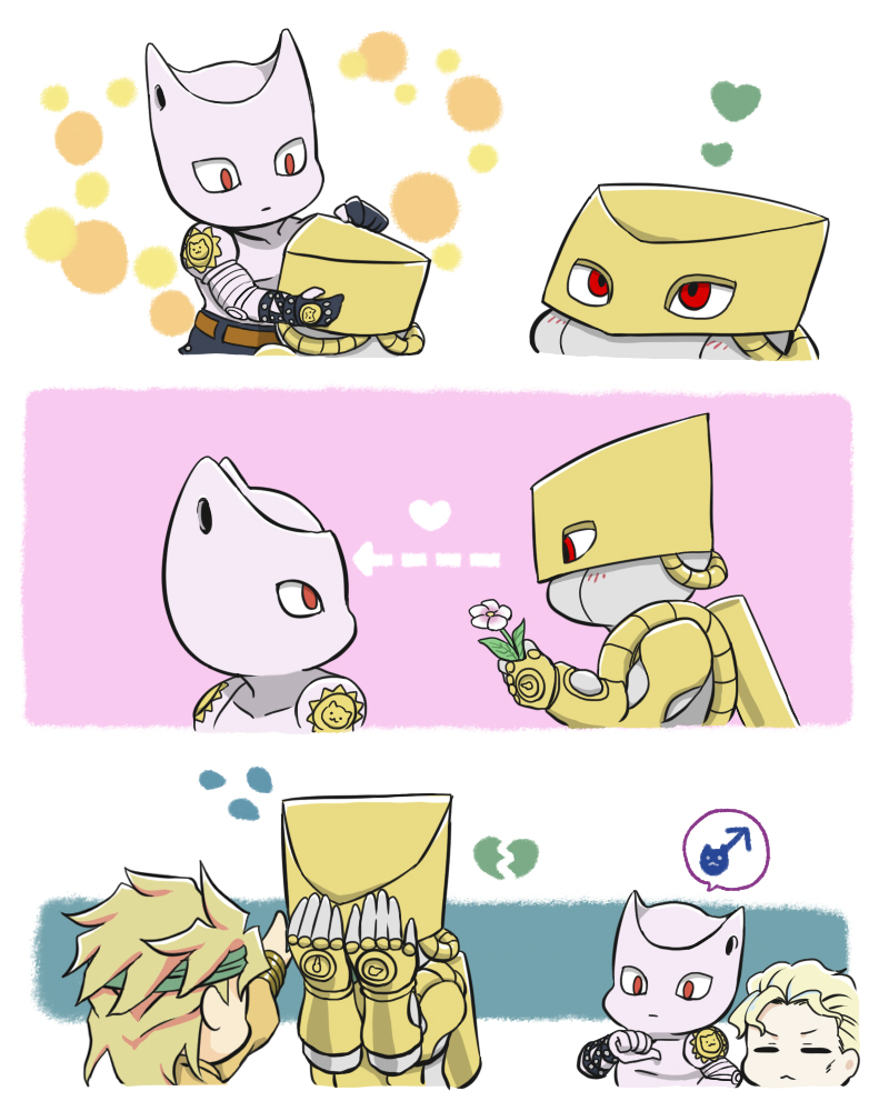 3koma, =_=, blonde_hair, broken_heart, chibi, comic, dio_brando, directional_arrow, flower, headband, heart, jojo_no_kimyou_na_bouken, killer_queen, kira_yoshikage, mars_symbol, neko_nami83, stand_(jojo), tears, the_world