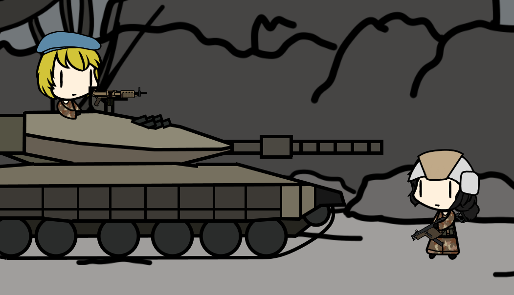 1boy, 1girl, arma_(series), arma_3, beret, chibi, gun, helmet