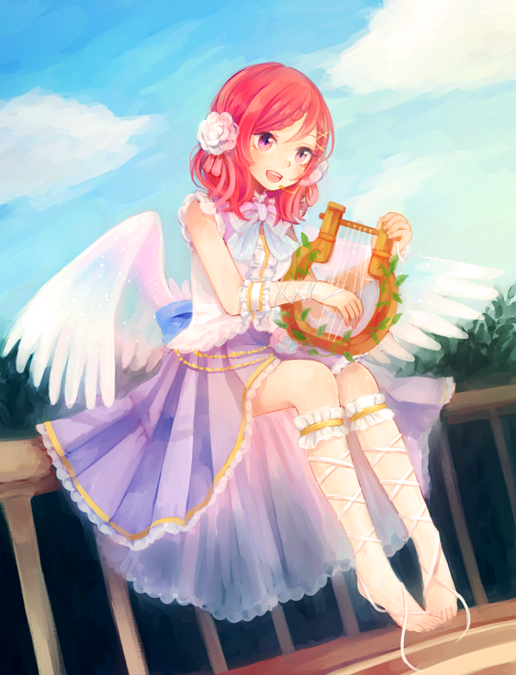 angel, blush, dress, love_live!_school_idol_project, lyra, nishikino_maki, purple_eyes, redhead, short_hair, sky