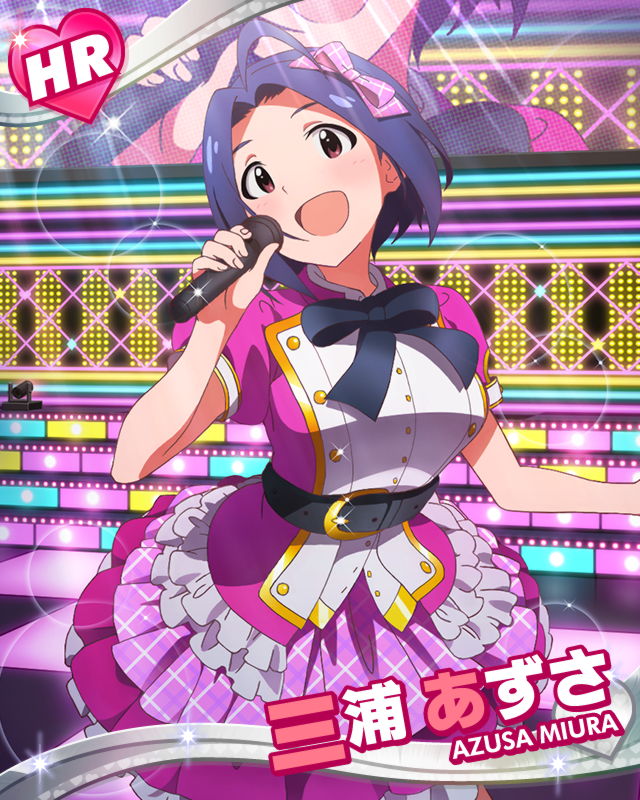 ahoge, blue_hair, blush, character_name, dress, idolmaster, idolmaster_million_live!, long_ahir, microphone, miura_azusa, red_eyes, singing