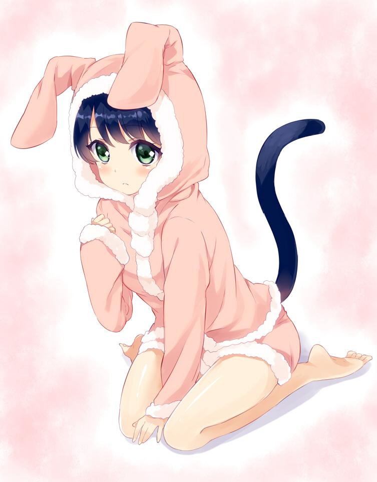 1girl, animal_ears, animal_hood, bangs, blue_hair, blush, bunny_hood, bunny_pajamas