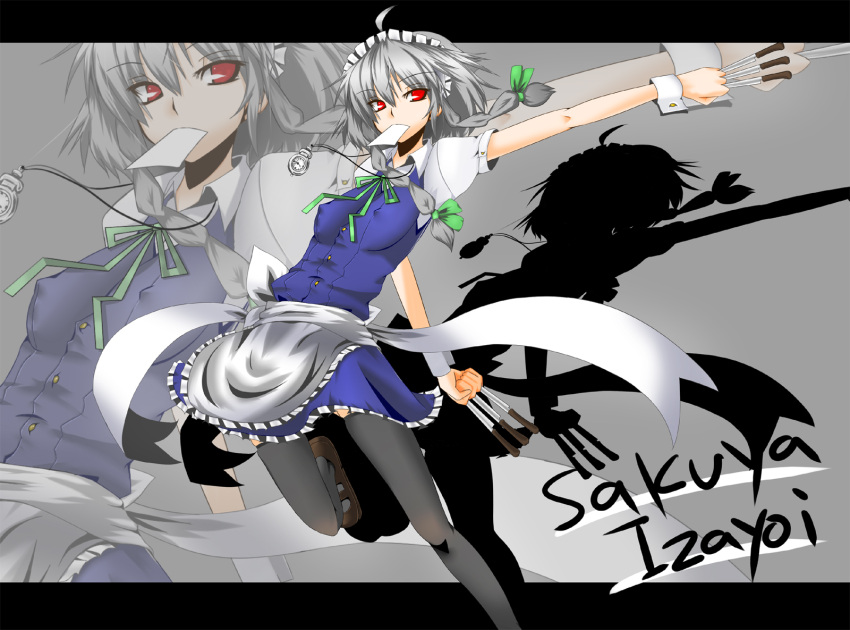 braid, erect_nipples, highres, izayoi_sakuya, knife, pocket_watch, short_hair, shoushinmono