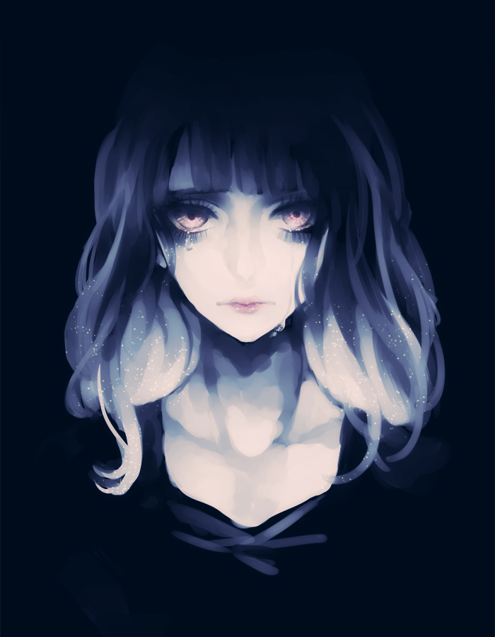 1girl, bangs, black_background, blue_hair, dark, error501, lavender_eyes, light_particles