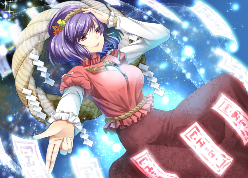 1girl, asano_tomoya, hair_ornament, large_breasts, ofuda, purple_hair, red_eyes, rope