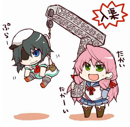 2girls, akashi_(kantai_collection), blue_eyes, blush, crane, eyepatch, green_eyes, green_hair
