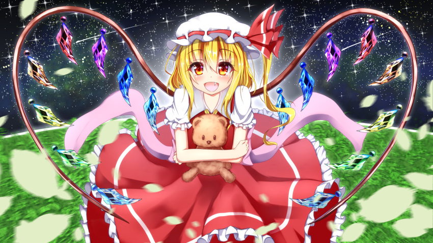 1girl, amber_eyes, blonde_hair, blush, doll_hug, dress, fang, flandre_scarlet