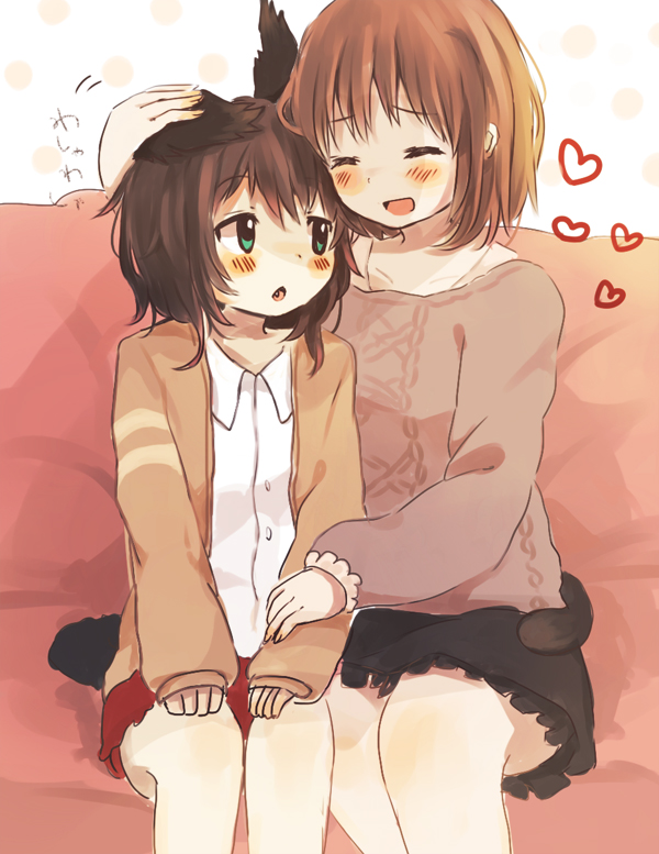 2girls, animal_ears, black_hair, blush, brown_hair, closed_eyes, fang, foomi