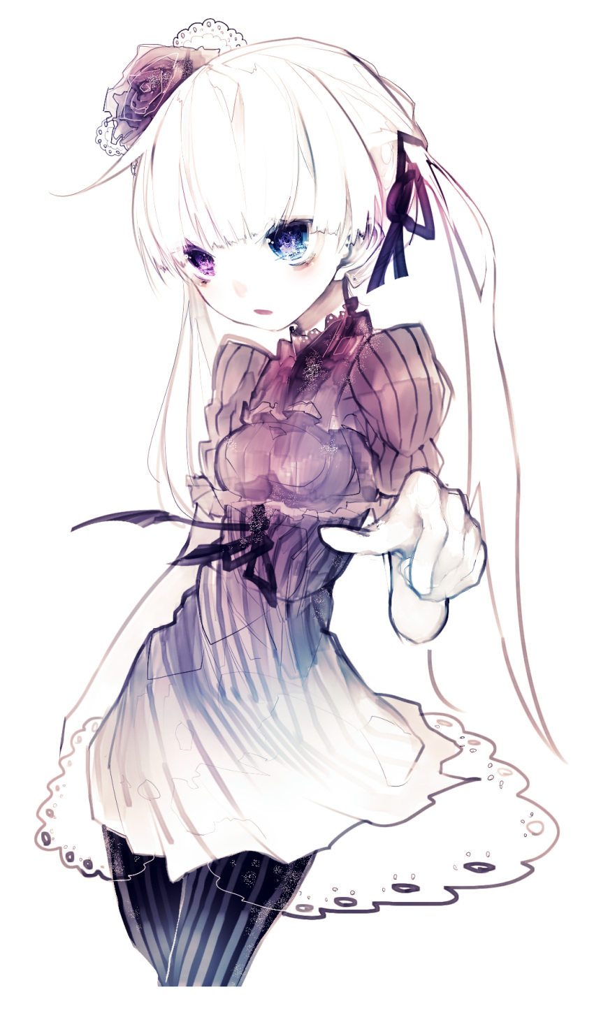 1girl, bangs, blue_eyes, character_request, copyright_request, flower, gradient, hair_flower, hair_ornament, hair_ribbon, heterochromia, highres, lace, lace-trimmed_hair_ornament, open_mouth, pale_color, puffy_sleeves, ribbon, riuichi, rose, short_hair_with_long_locks, short_sleeves, simple_background, sketch, solo, striped, striped_clothes, striped_legwear, tagme, violet_eyes, white_background, white_hair