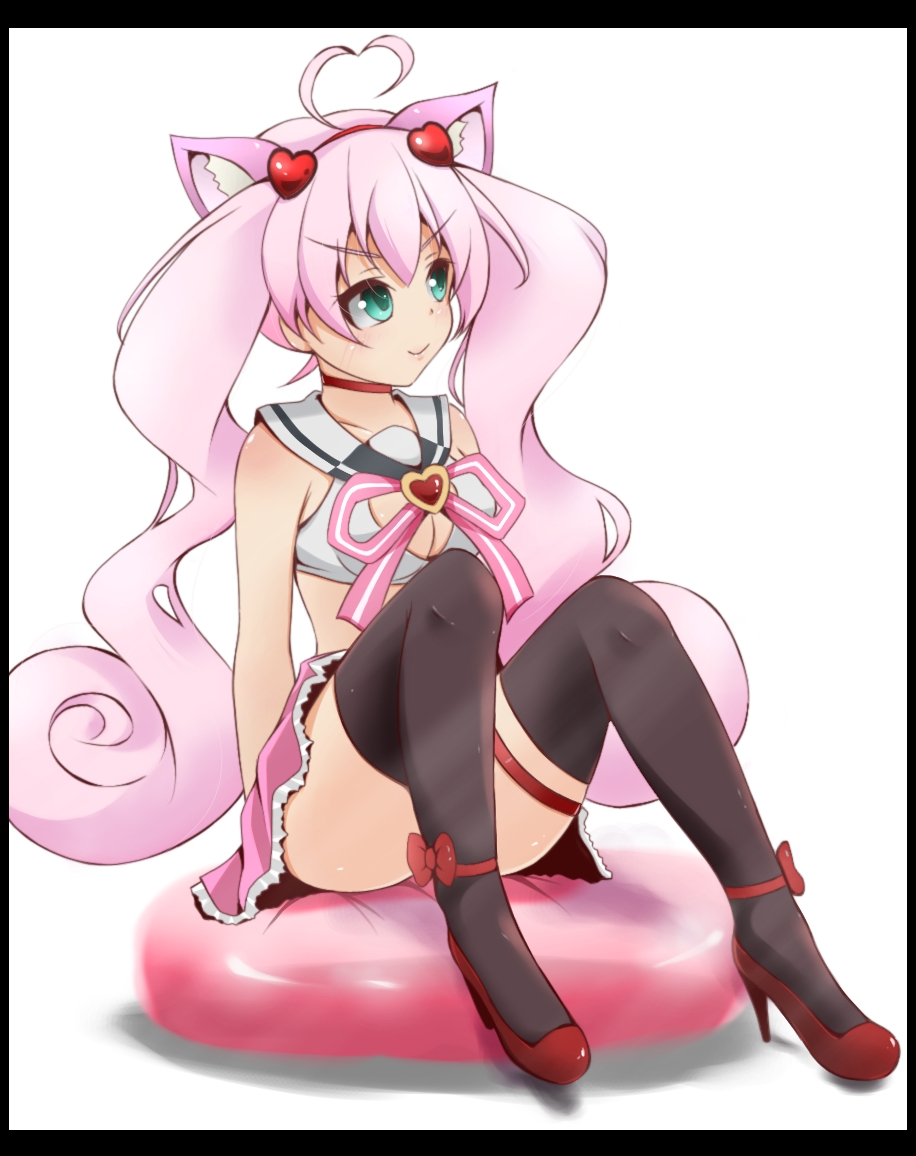 1girl, ahoge, animal_ears, black_legwear, bow, breasts, brooch, cat_ears