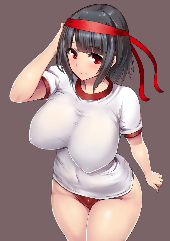 1girl, bandana, black_hair, blush, breasts, buruma, covered_navel, gym_uniform