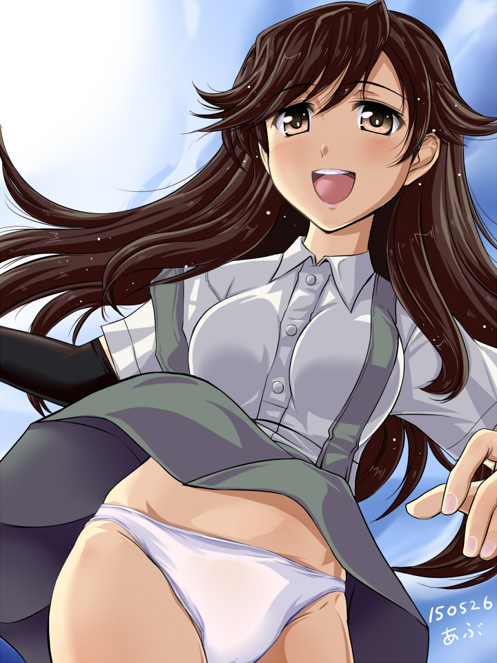 1girl, abriel00, arashio_(kantai_collection), arm_warmers, bike_shorts, breasts, brown_eyes, brown_hair