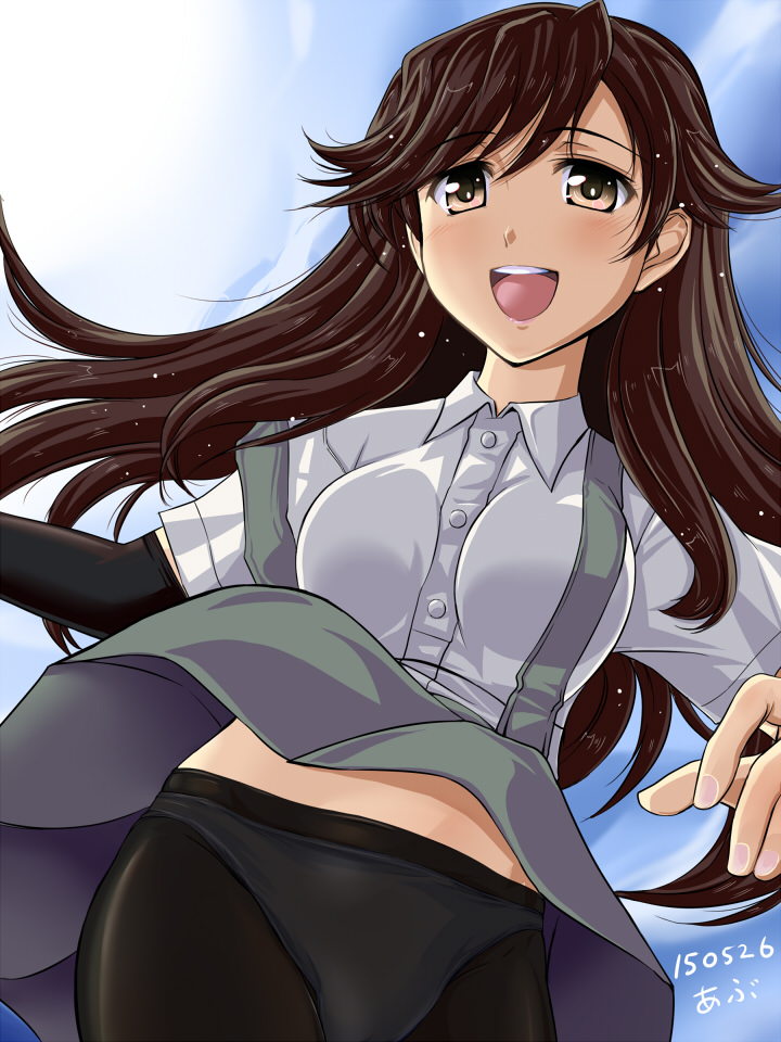 1girl, abriel00, arashio_(kantai_collection), arm_warmers, bike_shorts, brown_eyes, brown_hair, dress_shirt