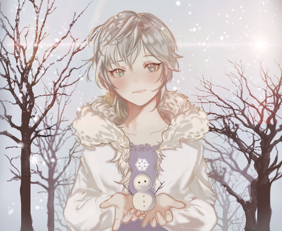 1girl, anastasia_(idolmaster), blue_eyes, blush, coat, dlsso21, fur_trim, idolmaster, idolmaster_cinderella_girls, looking_at_viewer, short_hair, silver_hair, smile, snowing, snowman, solo, upper_body, winter_clothes, winter_coat